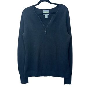 Wicked Wool Black Merino Wool‎ Henley Sweater Women's L whimsical casual